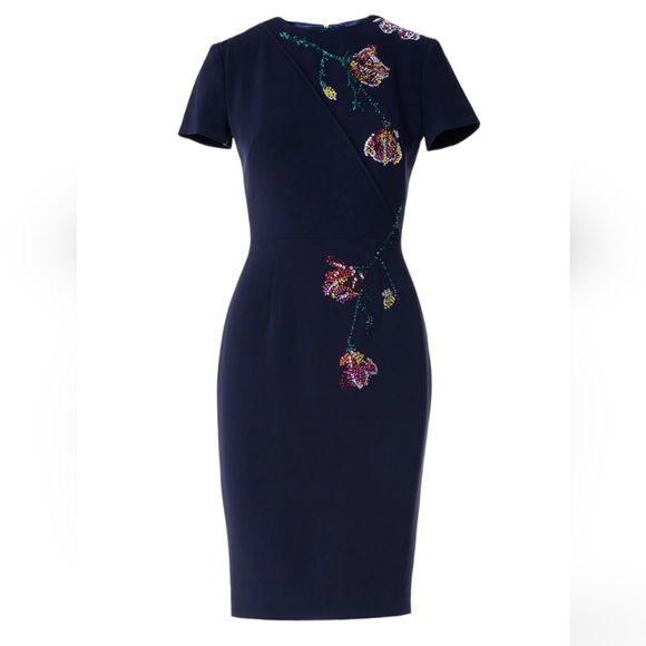 LUCIAN MATIS SHORT SLEEVE CREPE SLIP DRESS WITH CRYSTAL‎ APPLIQUES SIZE 8 Medium - Picture 1 of 13